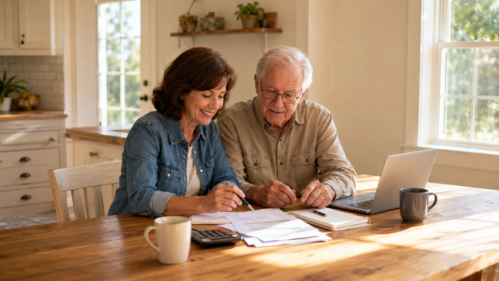 An adult daughter and her father reviewing senior care payment options together at a kitchen table