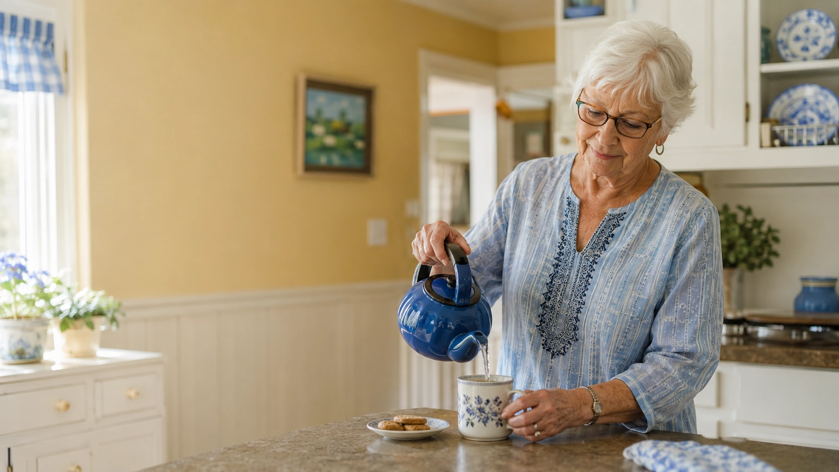 An older woman happily at home in her own kitchen in Tulsa, staying independent