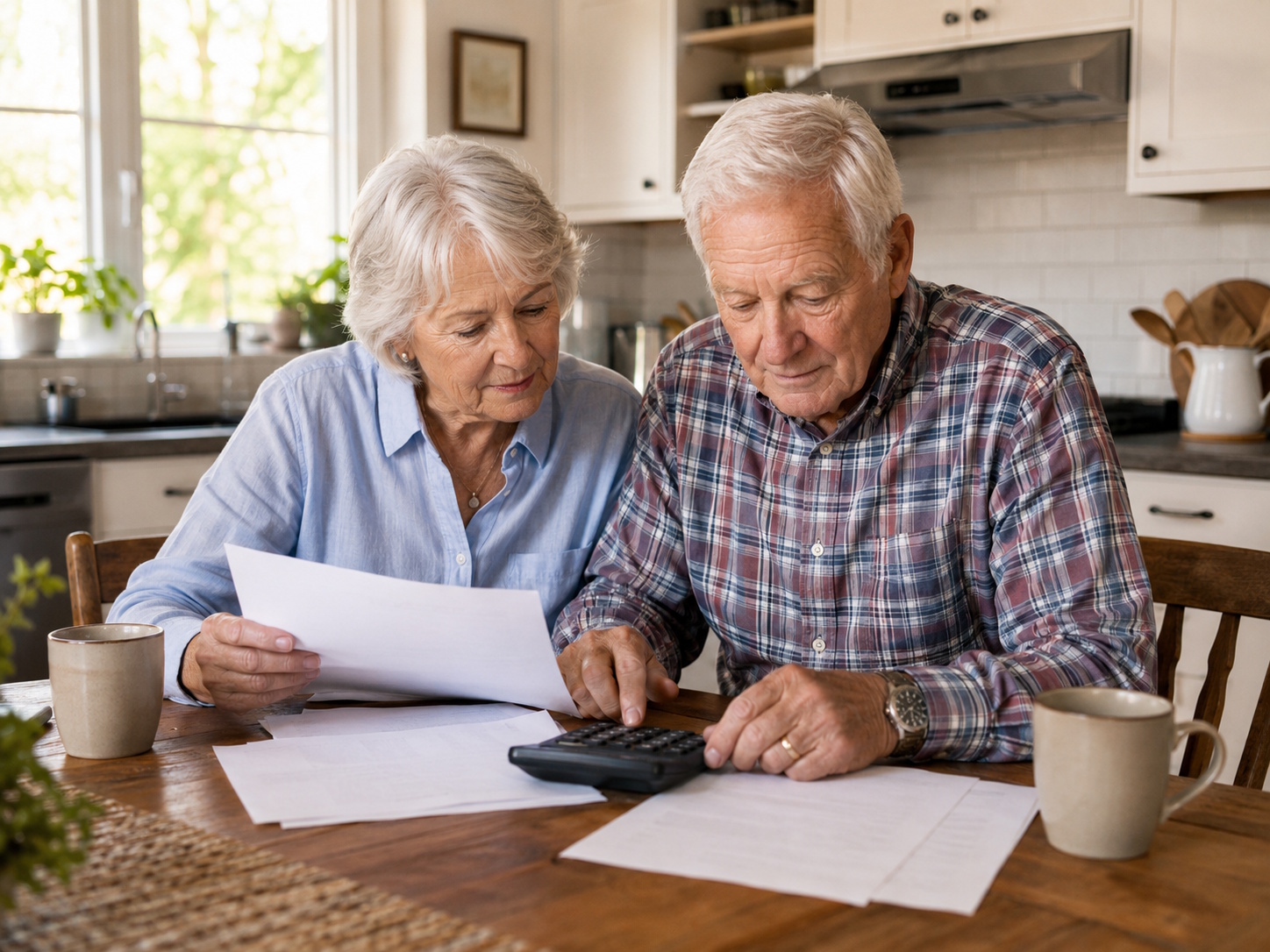 An older couple calmly going over senior care costs at their kitchen table