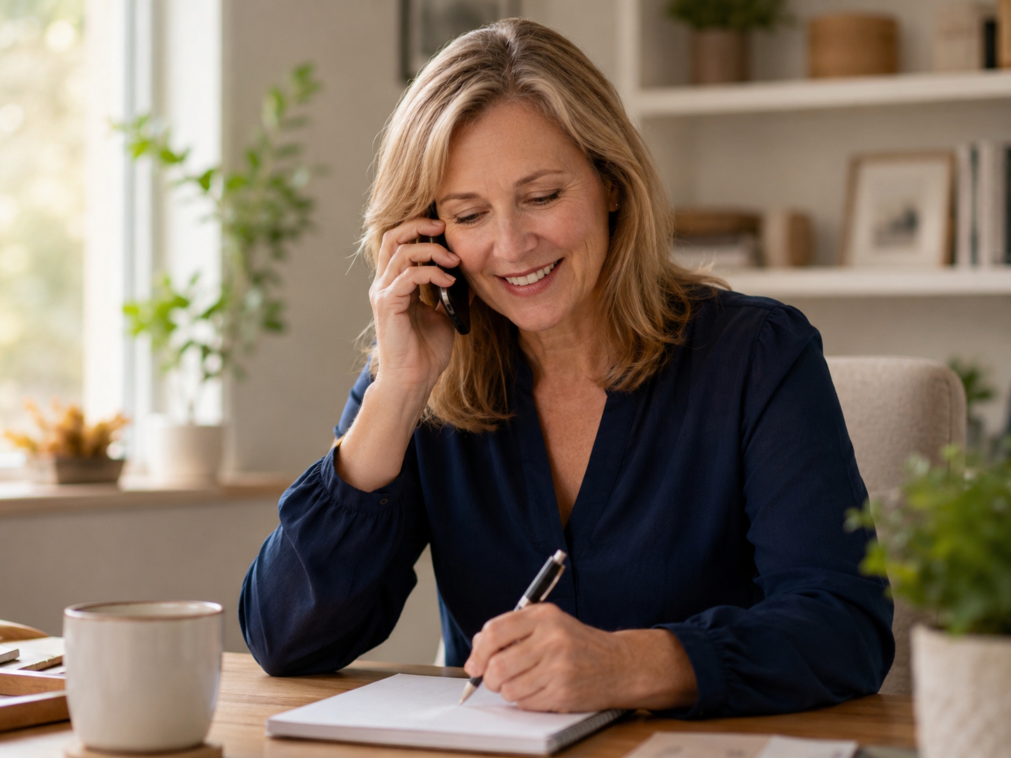 A friendly senior-care advisor talking with a family by phone