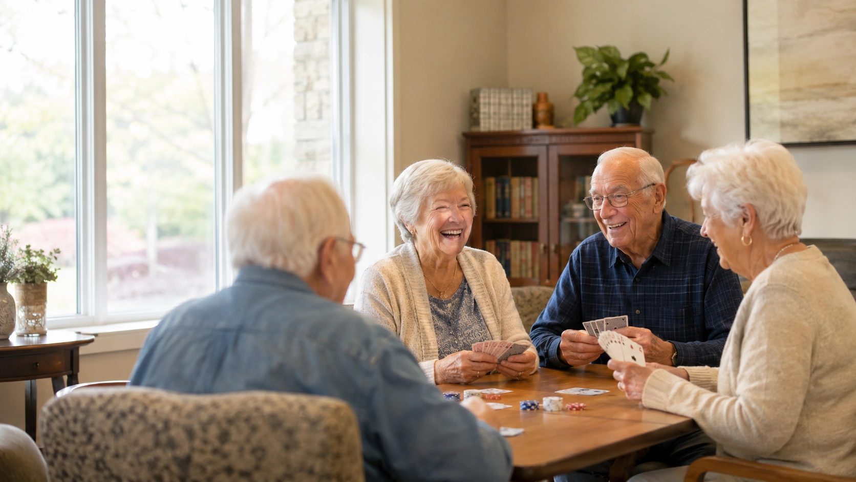 Older adults enjoying a group activity together at a bright community day program