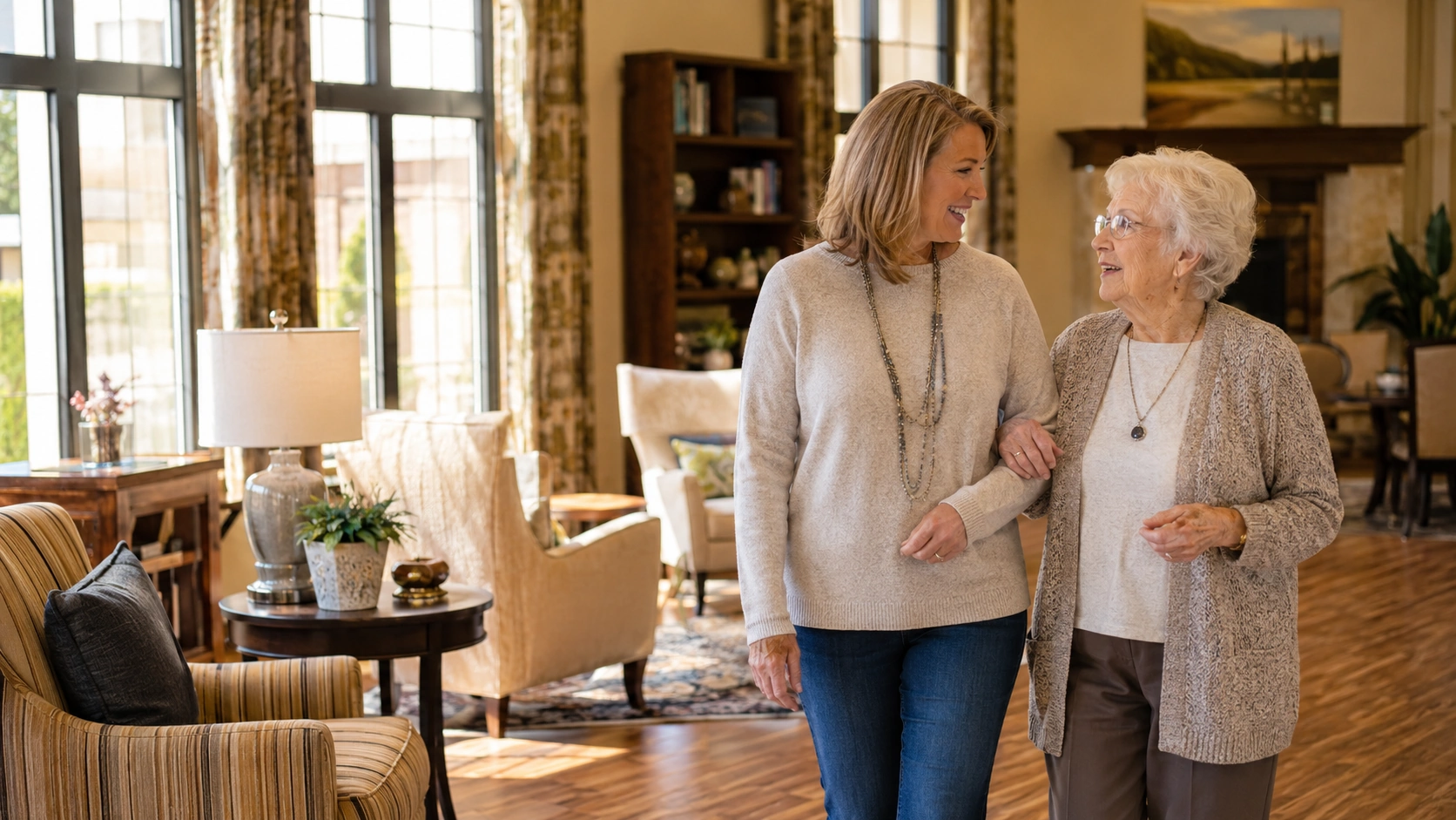 An adult daughter and her mother touring a bright, homelike senior living community