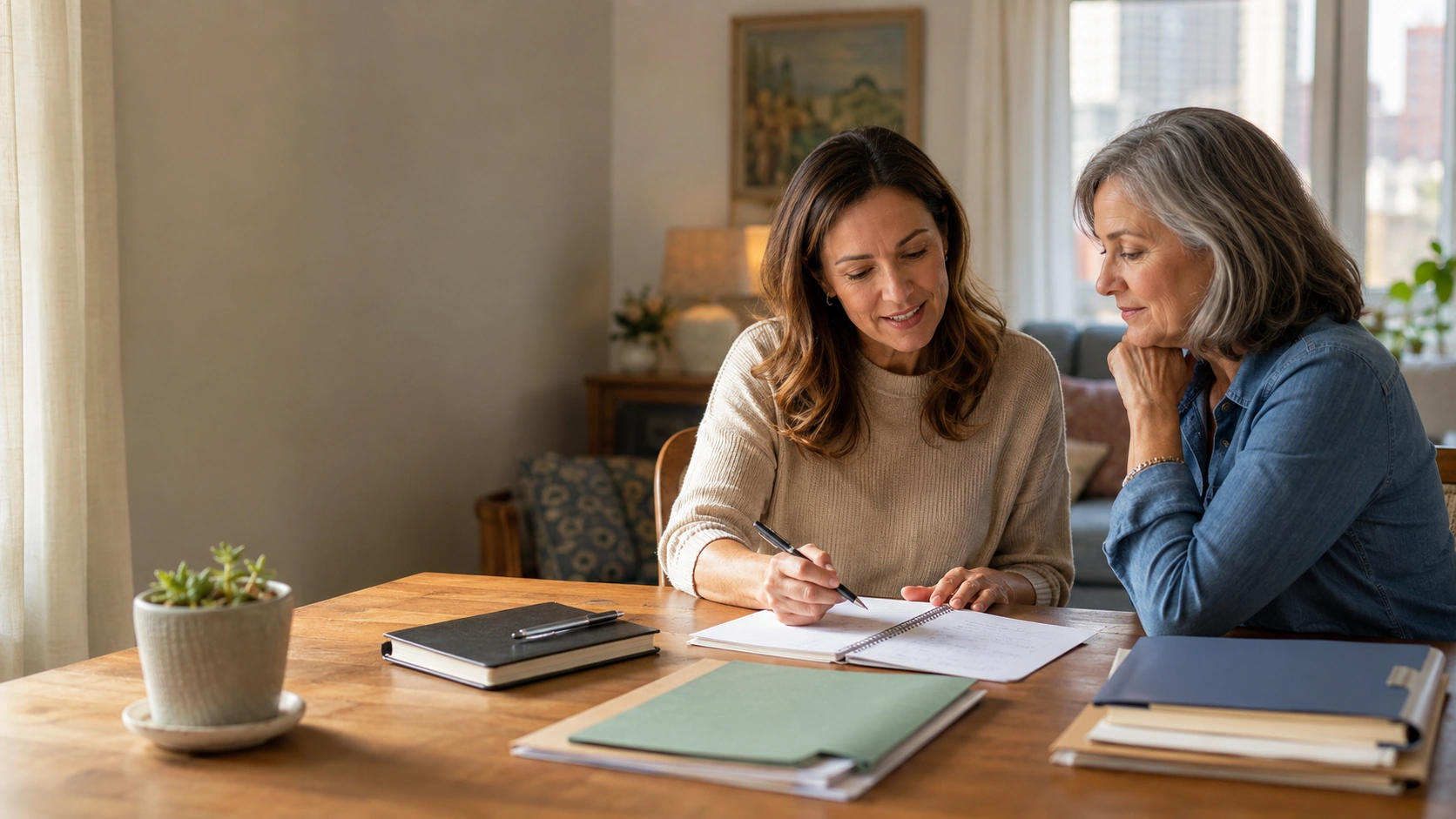 A care coordinator organizing a family care plan with them at a table