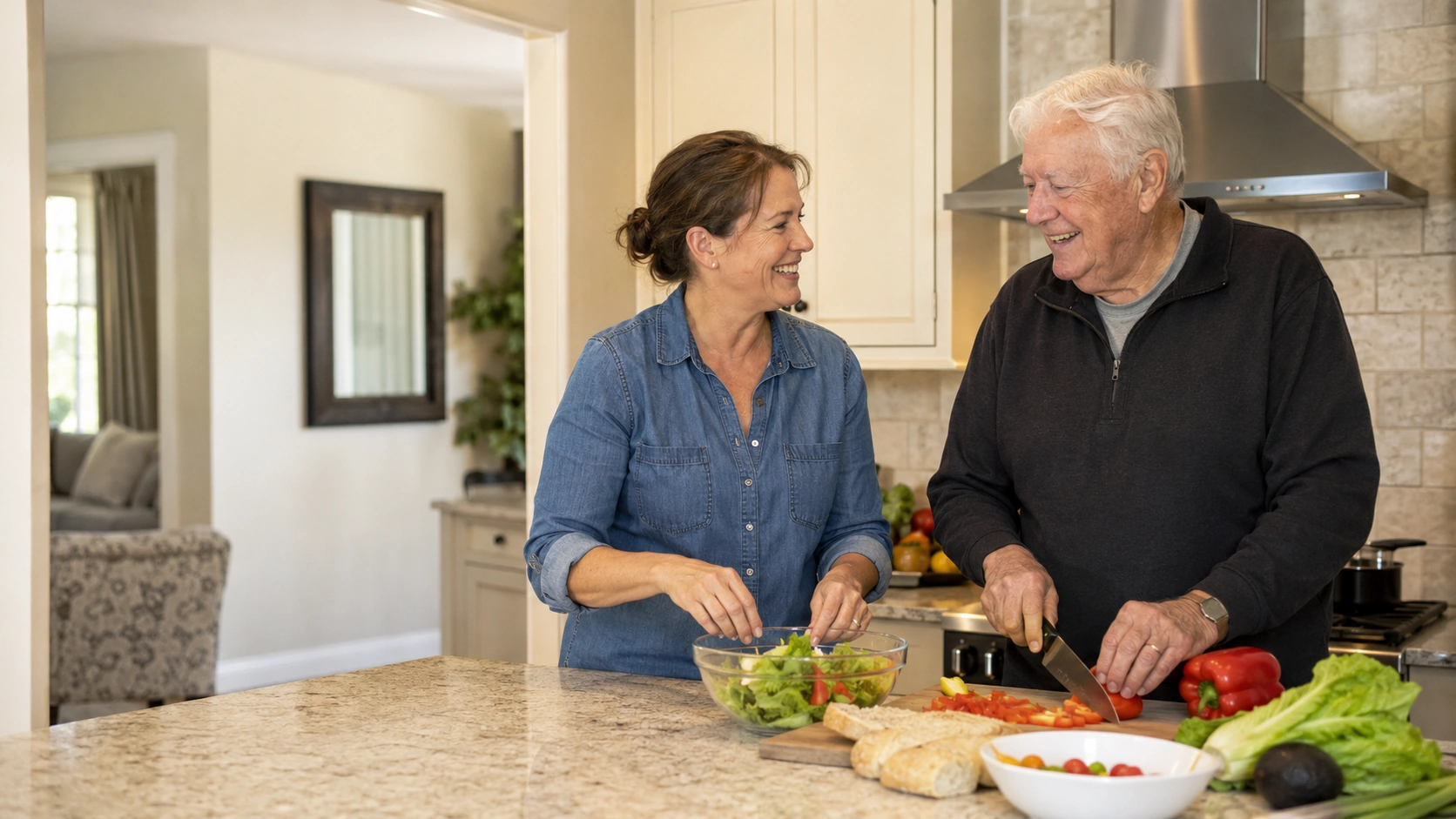 A friendly caregiver helping an older man at home in Tulsa