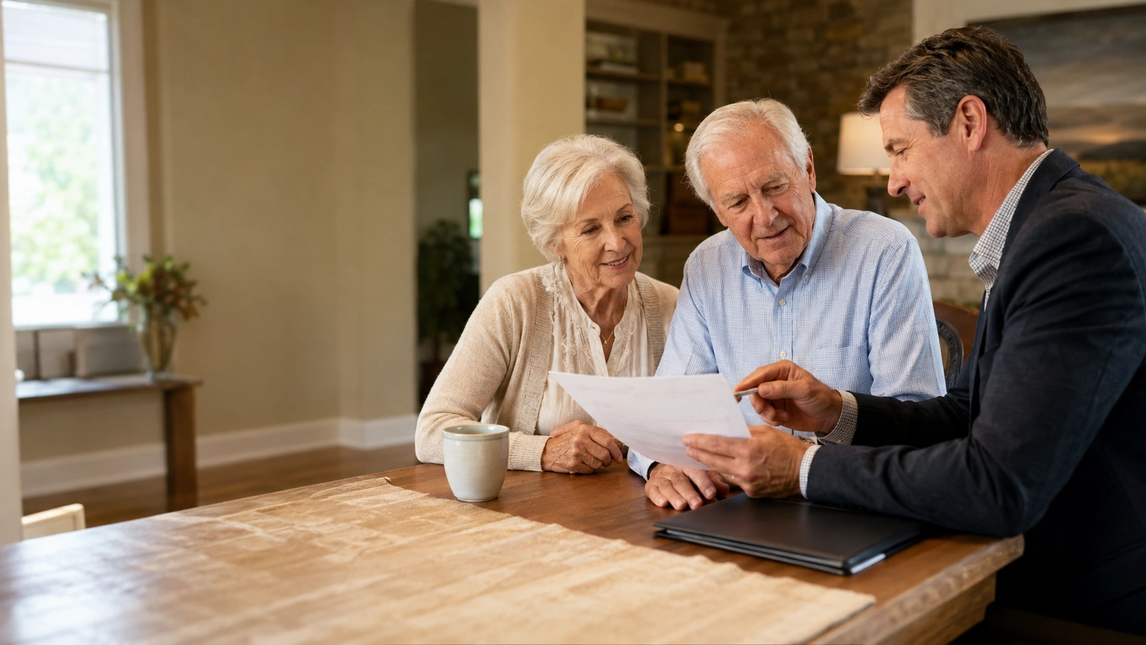 An advisor explaining benefits paperwork in plain language to an older couple