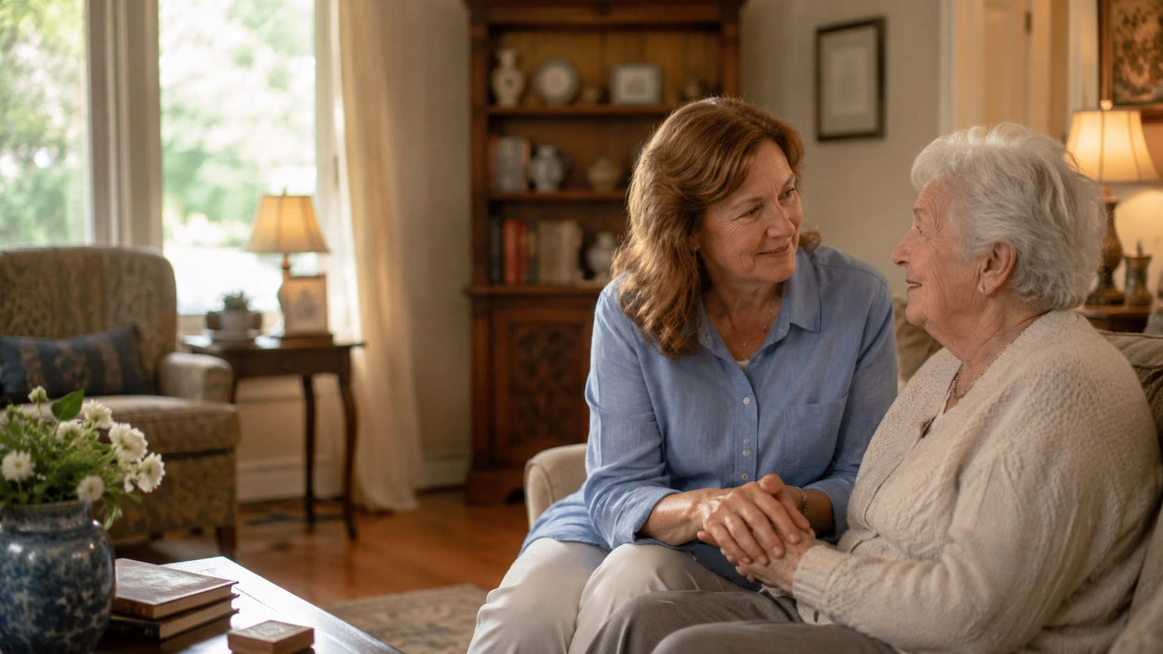 A caring adult child gently holding hands with an older parent in a calm, sunlit room