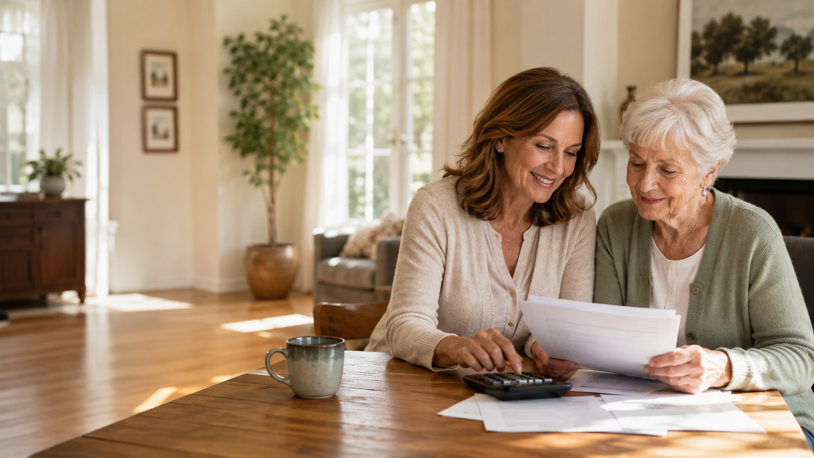 A family reviewing senior care payment options together at home, looking relieved