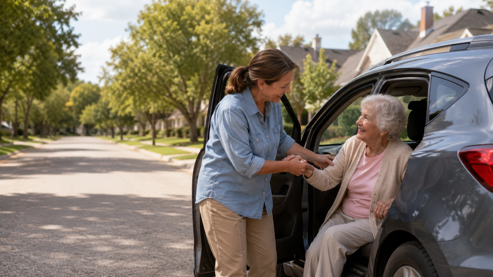 A helper assisting a smiling older woman into a car for an outing in Tulsa